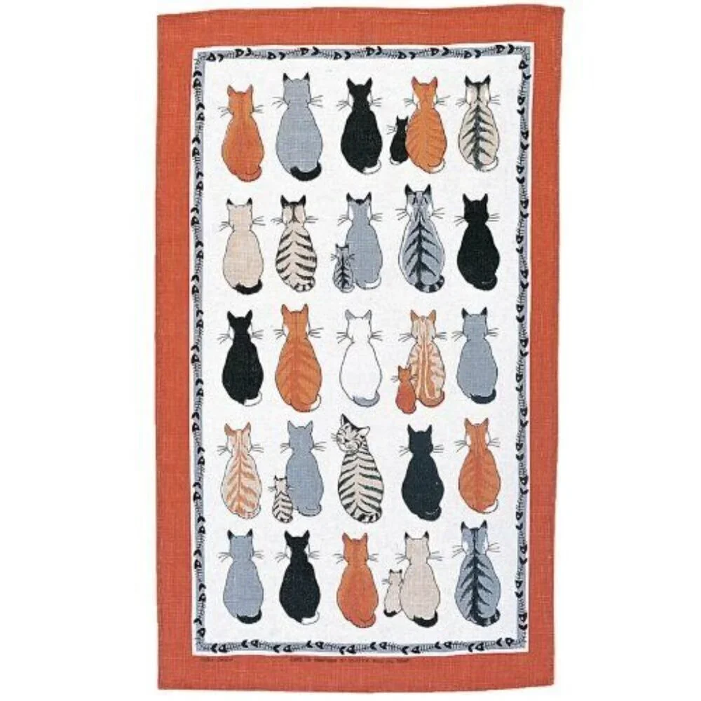 New Ulster Weavers Cats Galore Linen Tea Towel Set w/Fish Bone Decorative Border
